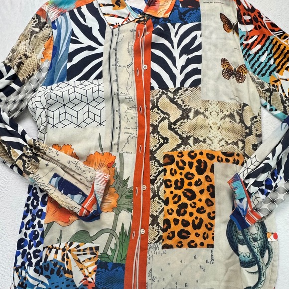 Vilagallo Patchwork Animal Print Butterfly Map Button Down Shirt Multicolor 44 - Picture 3 of 5